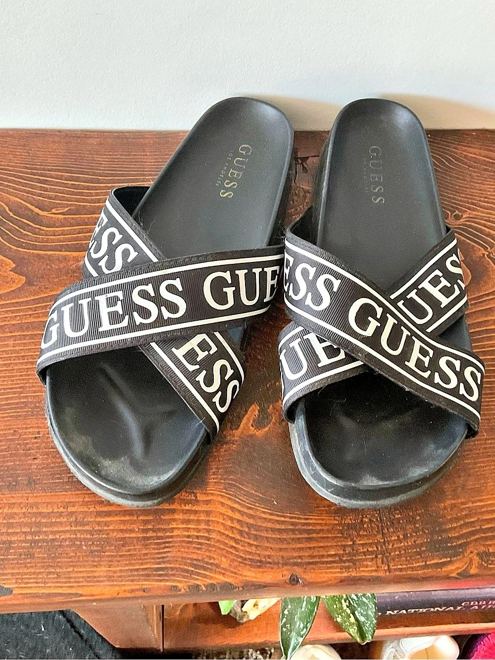 GUESS Teyana Criss-Cross Logo Slide Sandals in Black
